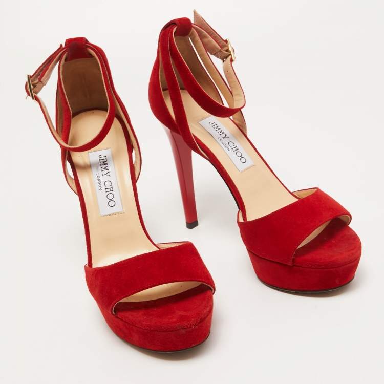 Pre Owned Jimmy Choo Red Suede Platform Ankle Strap Sandals Size 38