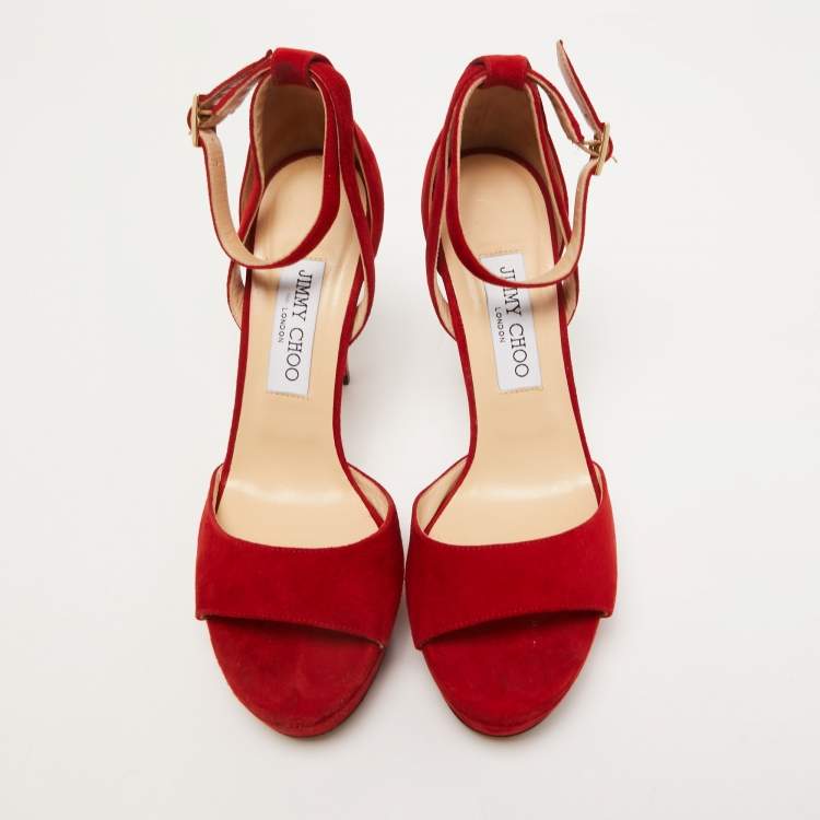 Pre Owned Jimmy Choo Red Suede Platform Ankle Strap Sandals Size 38