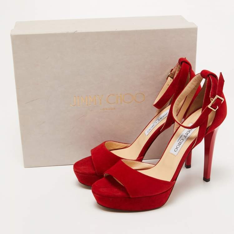 Pre Owned Jimmy Choo Red Suede Platform Ankle Strap Sandals Size 38
