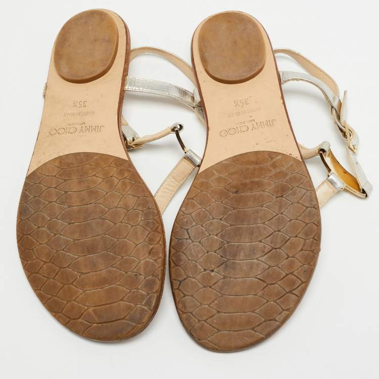 Pre Owned Jimmy Choo Silver Textured Leather Flat Ankle Strap Sandals Size 35.5