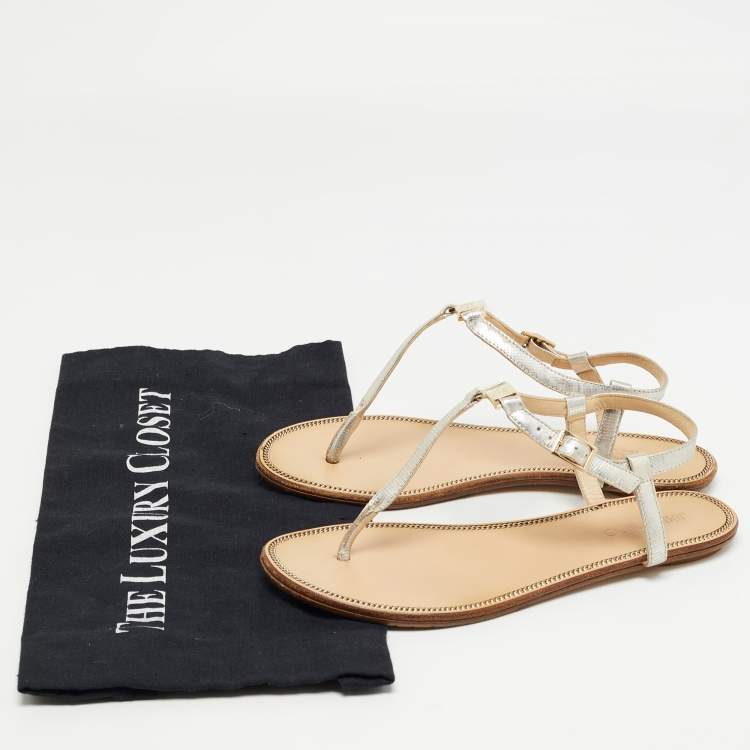 Pre Owned Jimmy Choo Silver Textured Leather Flat Ankle Strap Sandals Size 35.5