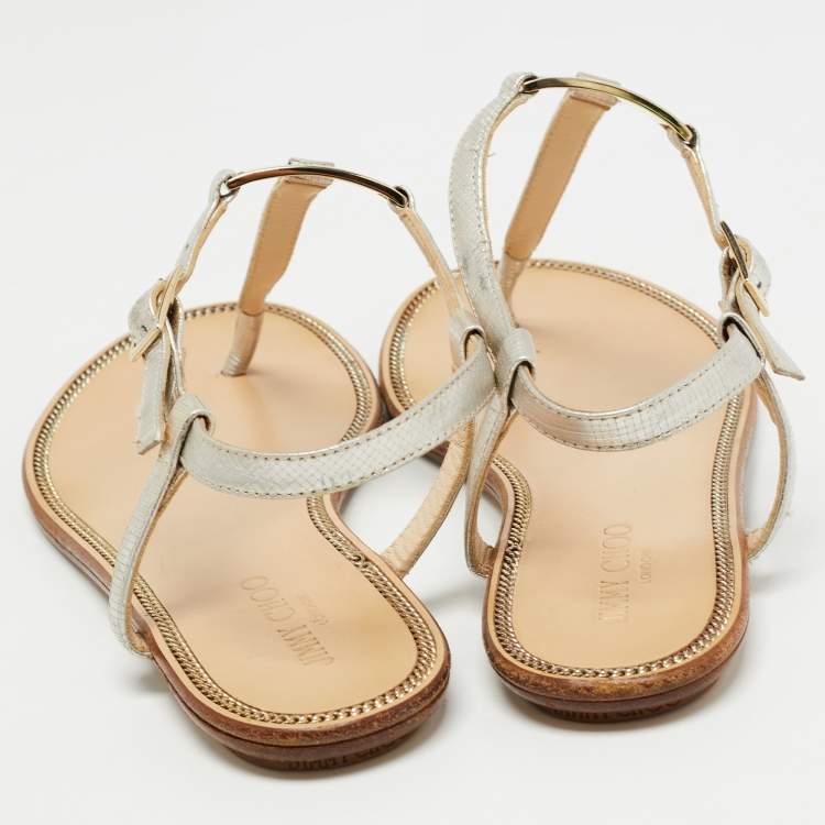 Pre Owned Jimmy Choo Silver Textured Leather Flat Ankle Strap Sandals Size 35.5