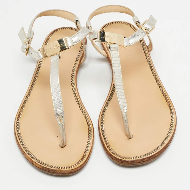 Pre Owned Jimmy Choo Silver Textured Leather Flat Ankle Strap Sandals Size 35.5