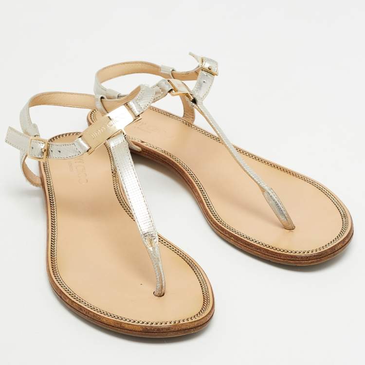 Pre Owned Jimmy Choo Silver Textured Leather Flat Ankle Strap Sandals Size 35.5