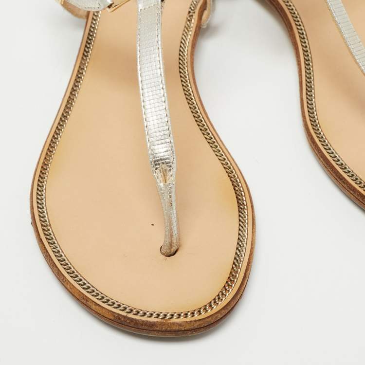 Pre Owned Jimmy Choo Silver Textured Leather Flat Ankle Strap Sandals Size 35.5