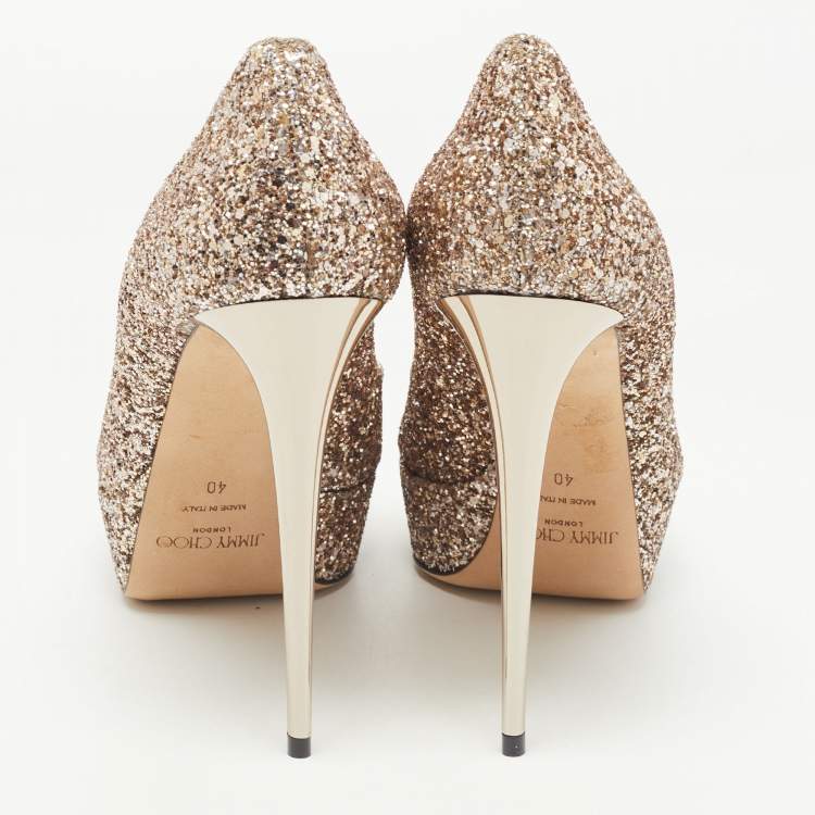 Pre Owned Jimmy Choo Metallic Glitter Peep Toe Platform Pumps Size 40