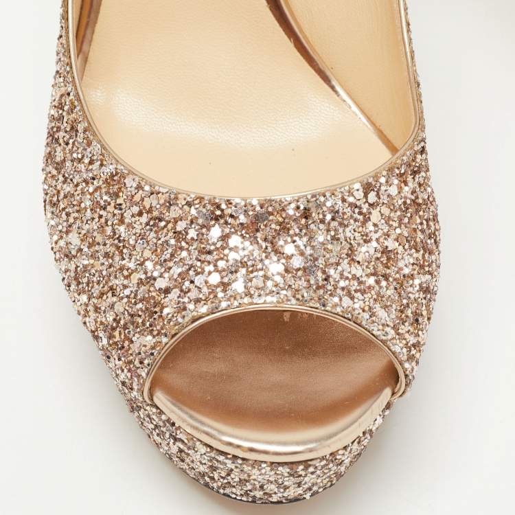 Pre Owned Jimmy Choo Metallic Glitter Peep Toe Platform Pumps Size 40