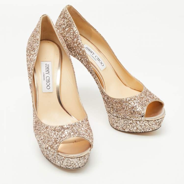 Pre Owned Jimmy Choo Metallic Glitter Peep Toe Platform Pumps Size 40