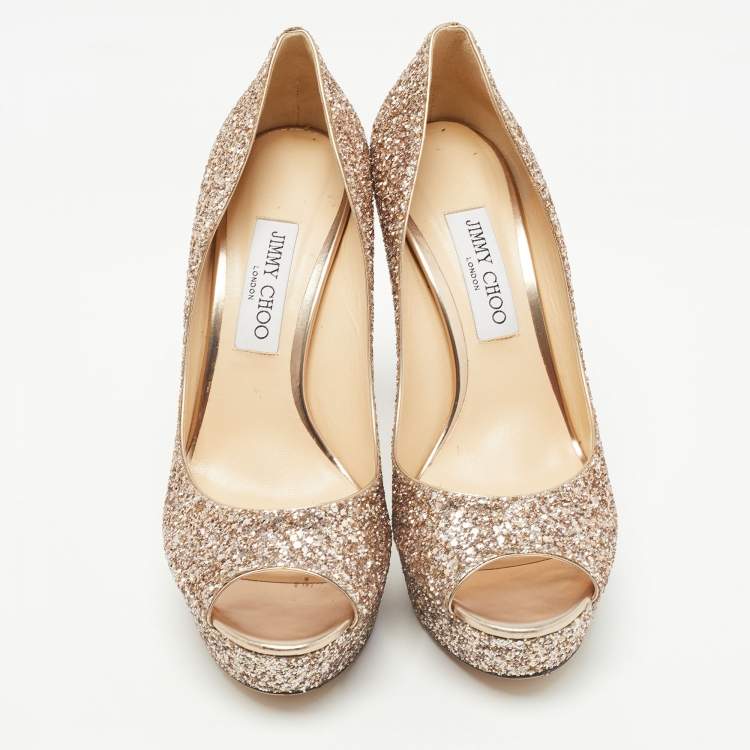 Pre Owned Jimmy Choo Metallic Glitter Peep Toe Platform Pumps Size 40