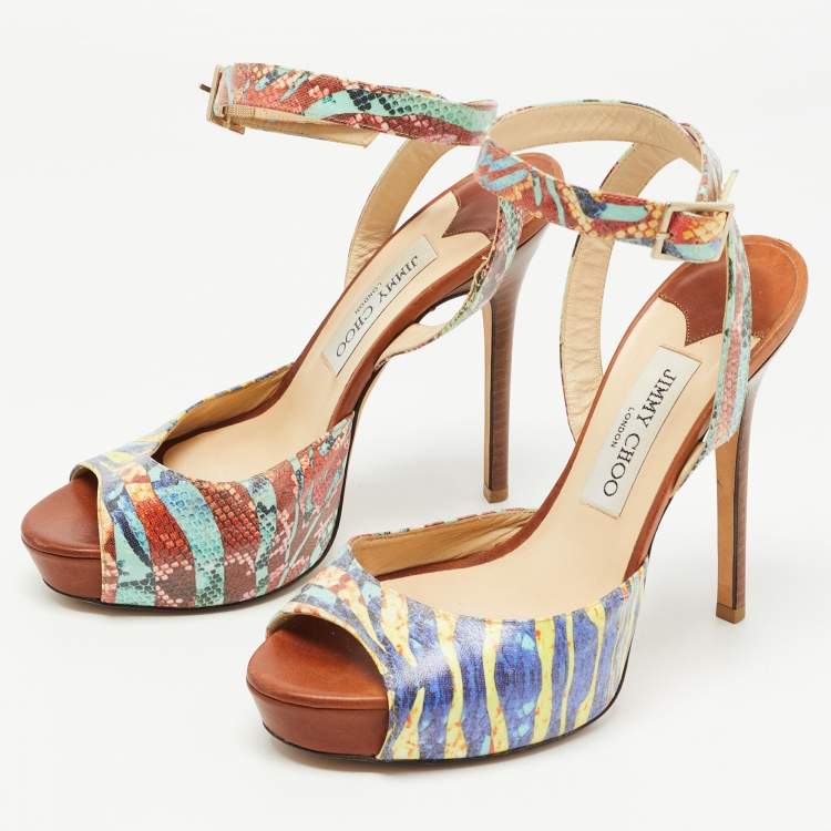 Pre Owned Jimmy Choo Multicolor Canvas Platform Sandals Size 37