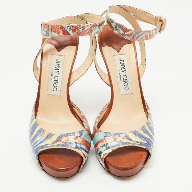 Pre Owned Jimmy Choo Multicolor Canvas Platform Sandals Size 37