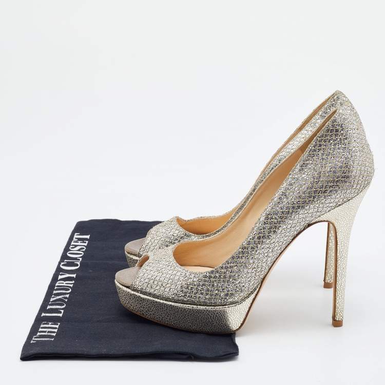 Pre Owned Jimmy Choo Gold Glitter and Leather Luna Peep Toe Platform Pumps Size 38.5