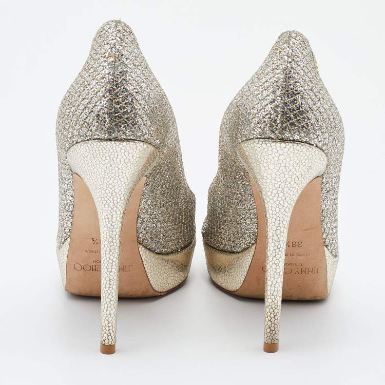 Pre Owned Jimmy Choo Gold Glitter and Leather Luna Peep Toe Platform Pumps Size 38.5