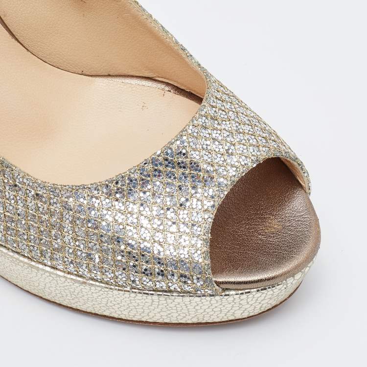 Pre Owned Jimmy Choo Gold Glitter and Leather Luna Peep Toe Platform Pumps Size 38.5