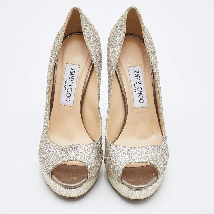 Pre Owned Jimmy Choo Gold Glitter and Leather Luna Peep Toe Platform Pumps Size 38.5