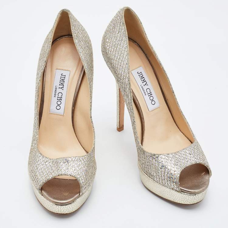 Pre Owned Jimmy Choo Gold Glitter and Leather Luna Peep Toe Platform Pumps Size 38.5