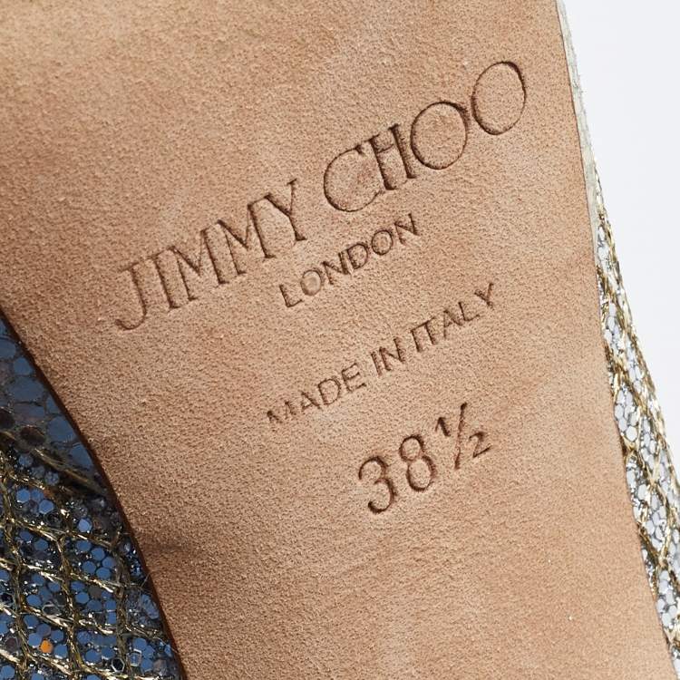Pre Owned Jimmy Choo Gold Glitter and Leather Luna Peep Toe Platform Pumps Size 38.5