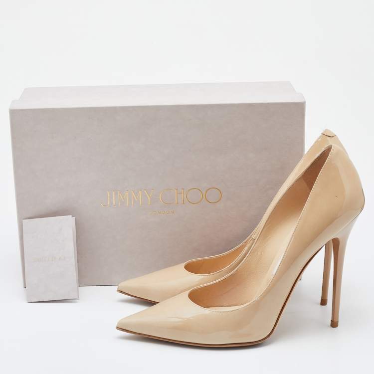 Pre Owned Jimmy Choo Nude Beige Patent Leather Romy Pointed Toe Pumps Size 39.5