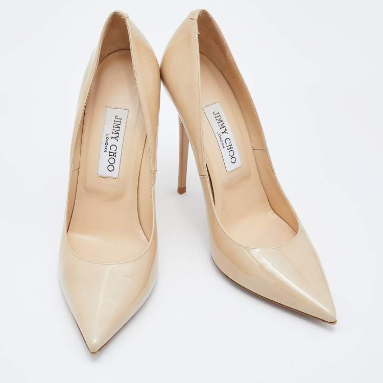 Pre Owned Jimmy Choo Nude Beige Patent Leather Romy Pointed Toe Pumps Size 39.5