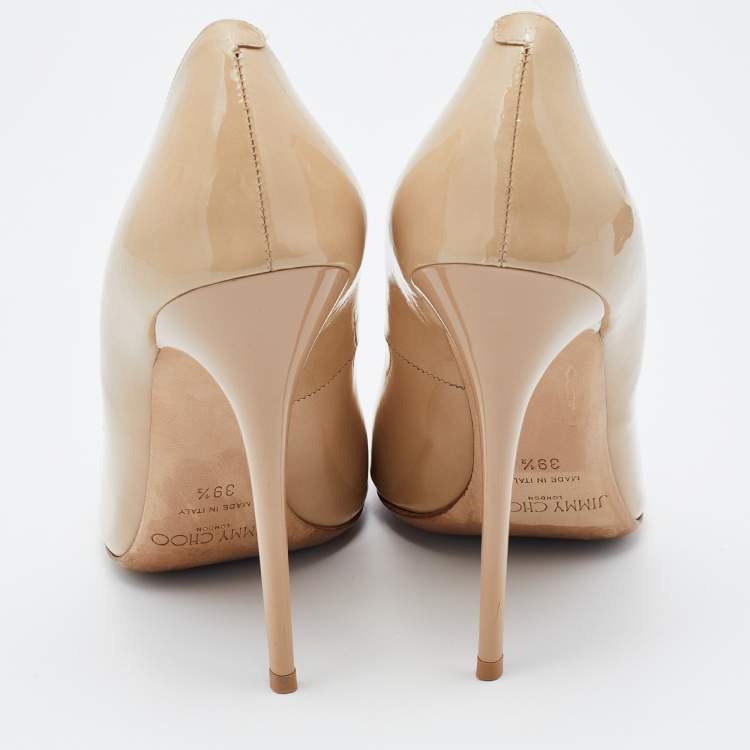 Pre Owned Jimmy Choo Nude Beige Patent Leather Romy Pointed Toe Pumps Size 39.5