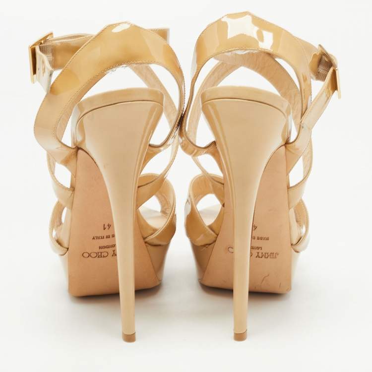 Pre Owned Jimmy Choo Beige Patent Leather Platform Vamp  Sandals Size 41