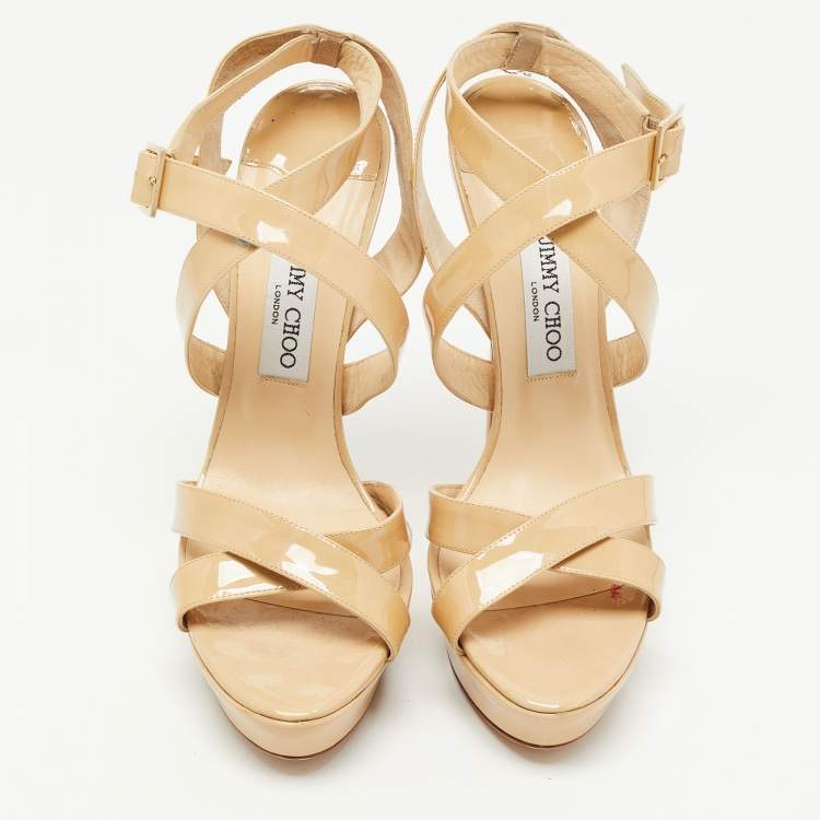 Pre Owned Jimmy Choo Beige Patent Leather Platform Vamp  Sandals Size 41