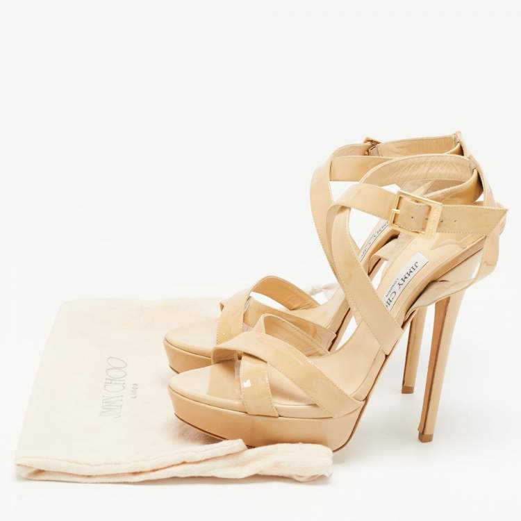 Pre Owned Jimmy Choo Beige Patent Leather Platform Vamp  Sandals Size 41