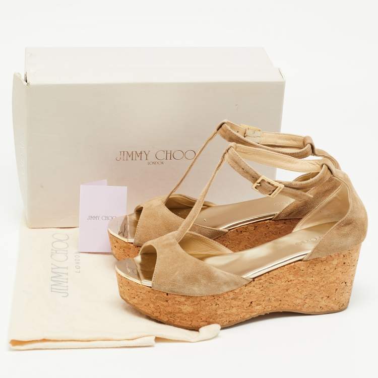 Pre Owned Jimmy Choo Beige Suede Pela Cork Sandals Size 39