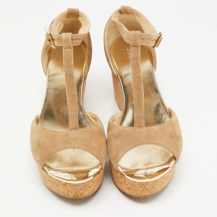Pre Owned Jimmy Choo Beige Suede Pela Cork Sandals Size 39