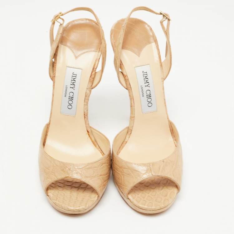 Pre Owned Jimmy Choo Beige Croc Leather Slingback Peep Toe  Sandals Size 39