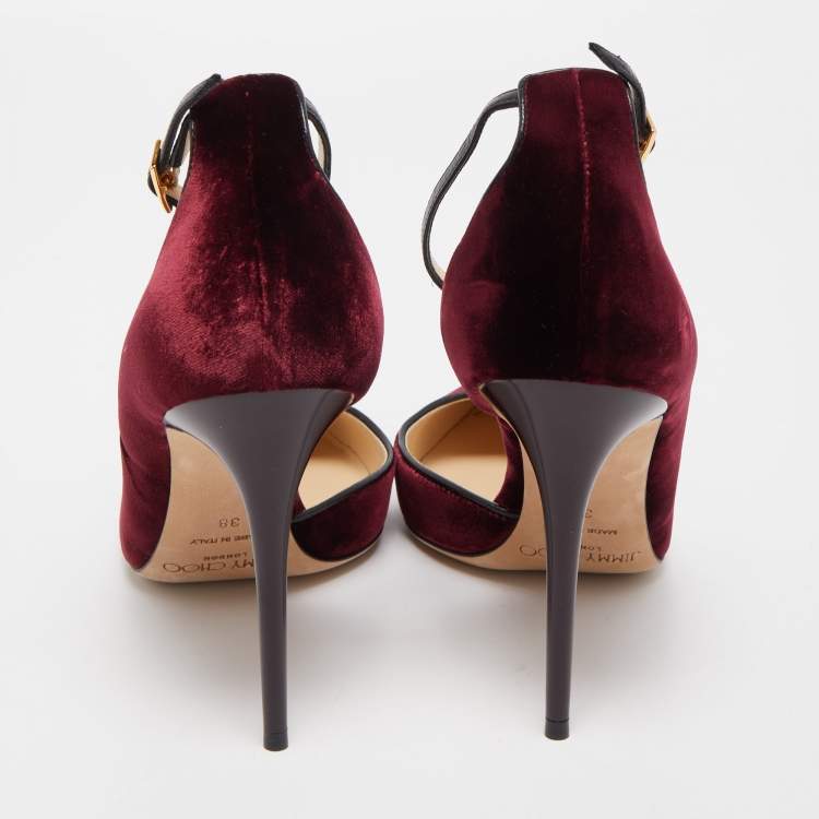 Pre Owned Jimmy Choo Burgundy Leather and Velvet Ankle D'orsay Pumps Size 38