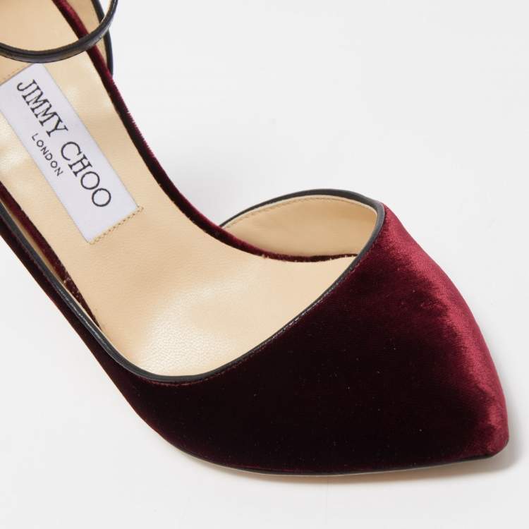 Pre Owned Jimmy Choo Burgundy Leather and Velvet Ankle D'orsay Pumps Size 38