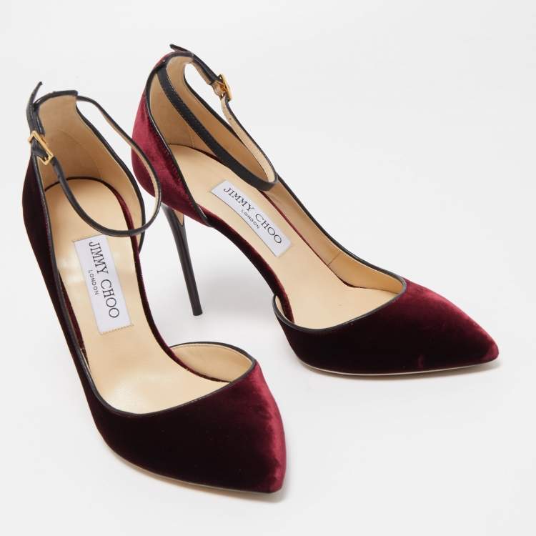 Pre Owned Jimmy Choo Burgundy Leather and Velvet Ankle D'orsay Pumps Size 38