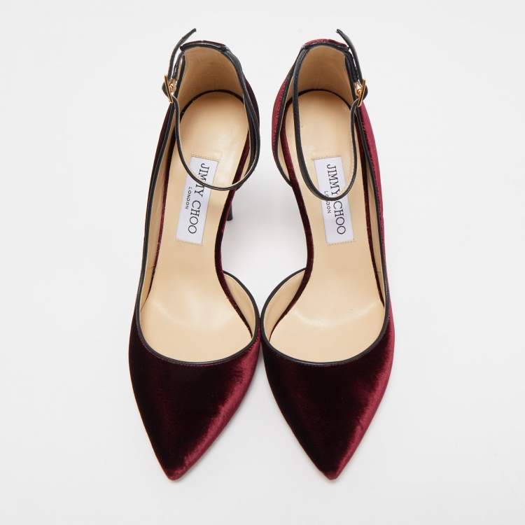 Pre Owned Jimmy Choo Burgundy Leather and Velvet Ankle D'orsay Pumps Size 38