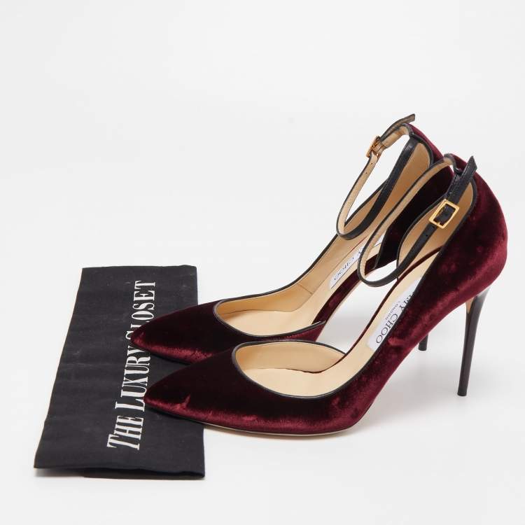 Pre Owned Jimmy Choo Burgundy Leather and Velvet Ankle D'orsay Pumps Size 38