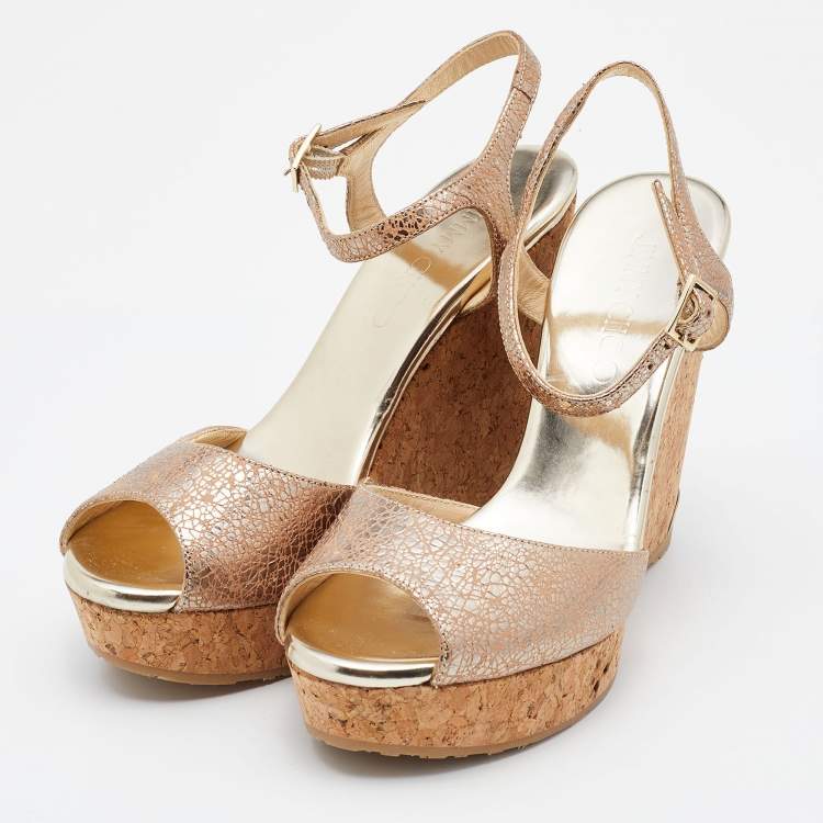 Pre Owned Jimmy Choo Metallic Beige Textured Leather Cork Wedge Ankle Strap Sandals Size 37