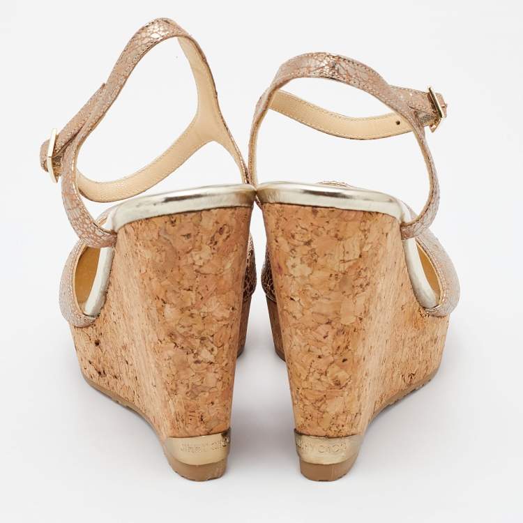 Pre Owned Jimmy Choo Metallic Beige Textured Leather Cork Wedge Ankle Strap Sandals Size 37