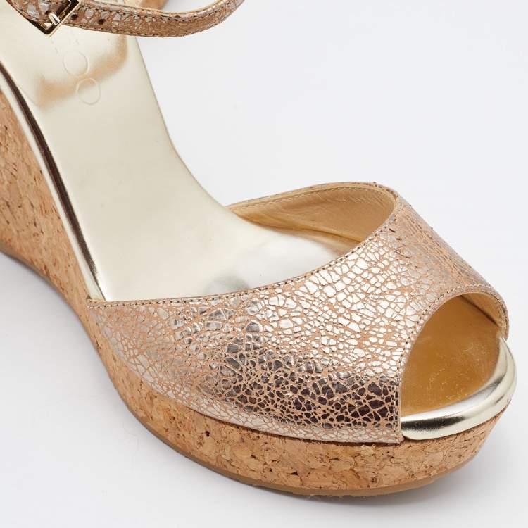 Pre Owned Jimmy Choo Metallic Beige Textured Leather Cork Wedge Ankle Strap Sandals Size 37