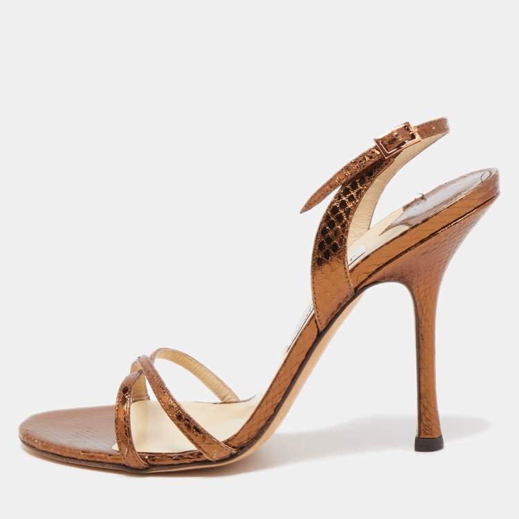 Pre Owned Jimmy Choo Metallic Brown Embossed Snakeskin Jag Cross Slingback Sandals Size 40