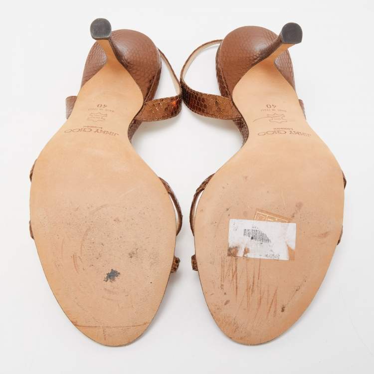 Pre Owned Jimmy Choo Metallic Brown Embossed Snakeskin Jag Cross Slingback Sandals Size 40