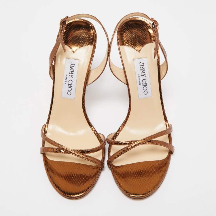 Pre Owned Jimmy Choo Metallic Brown Embossed Snakeskin Jag Cross Slingback Sandals Size 40