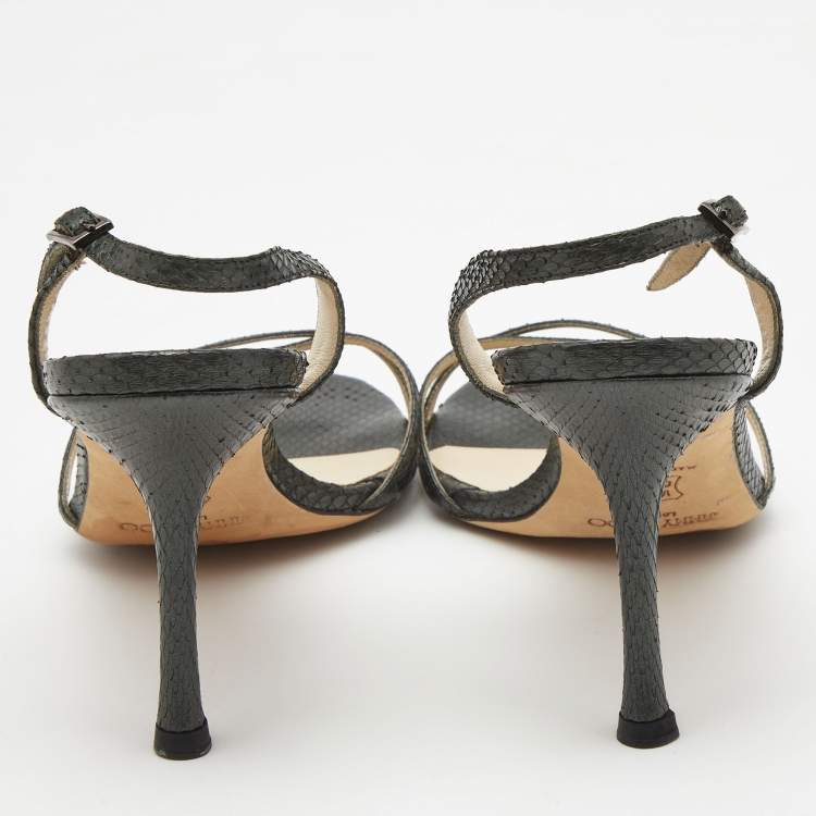 Pre Owned Jimmy Choo Metallic Grey Embossed Snakeskin Jag Cross Slingback Sandals Size 40