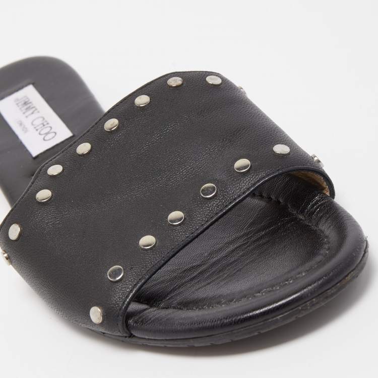 Pre Owned Jimmy Choo Black Leather Studded Nanda Flat Slides Size 38.5