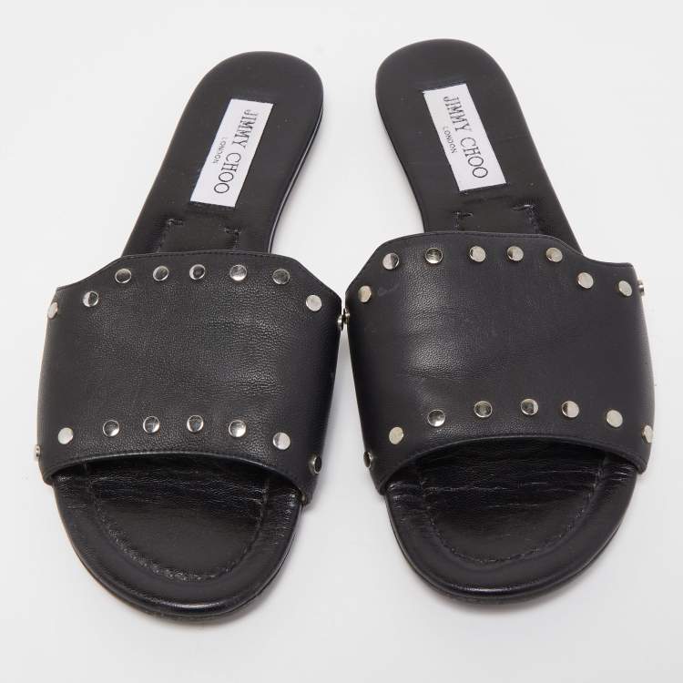 Pre Owned Jimmy Choo Black Leather Studded Nanda Flat Slides Size 38.5