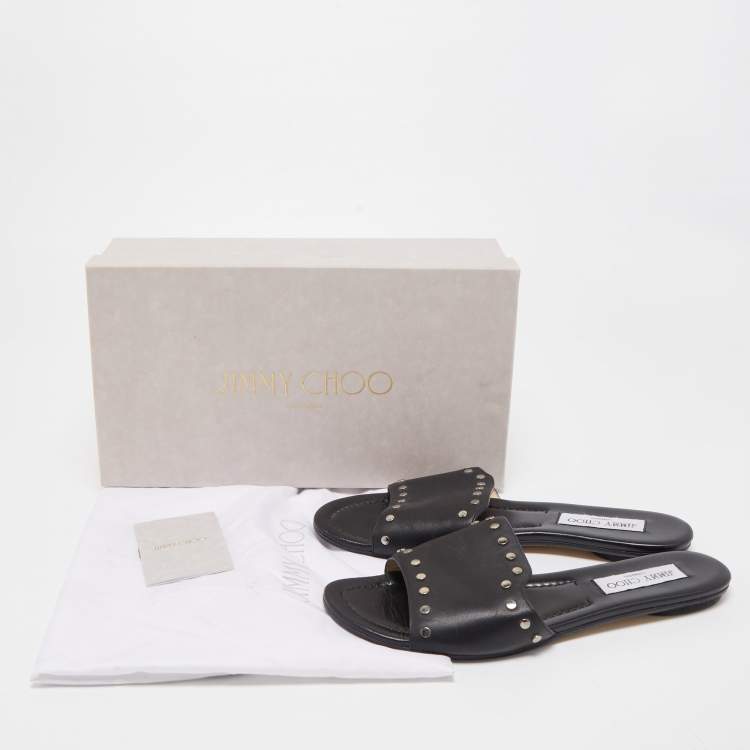 Pre Owned Jimmy Choo Black Leather Studded Nanda Flat Slides Size 38.5