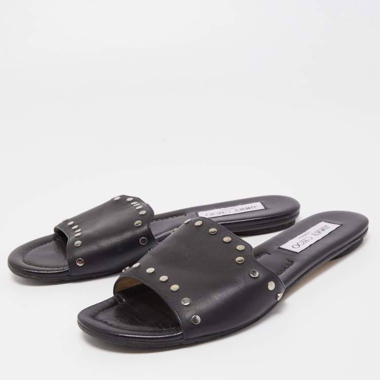 Pre Owned Jimmy Choo Black Leather Studded Nanda Flat Slides Size 38.5