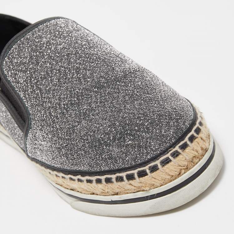 Pre Owned Jimmy Choo Silver/Black Lurex Fabric Dawn Espadrille Flats Size 38