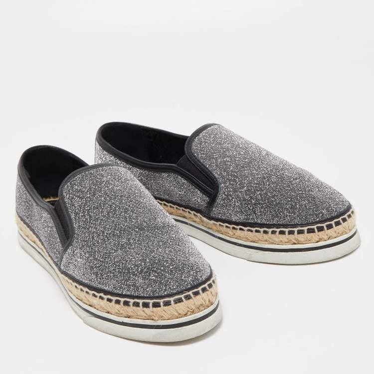 Pre Owned Jimmy Choo Silver/Black Lurex Fabric Dawn Espadrille Flats Size 38
