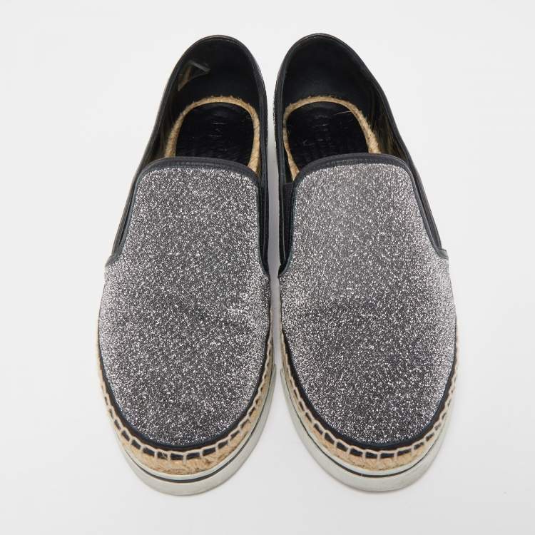 Pre Owned Jimmy Choo Silver/Black Lurex Fabric Dawn Espadrille Flats Size 38