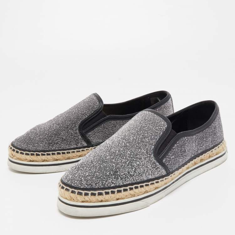 Pre Owned Jimmy Choo Silver/Black Lurex Fabric Dawn Espadrille Flats Size 38